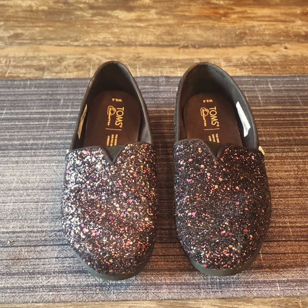 Toms Black and Pink Glitter Slippers